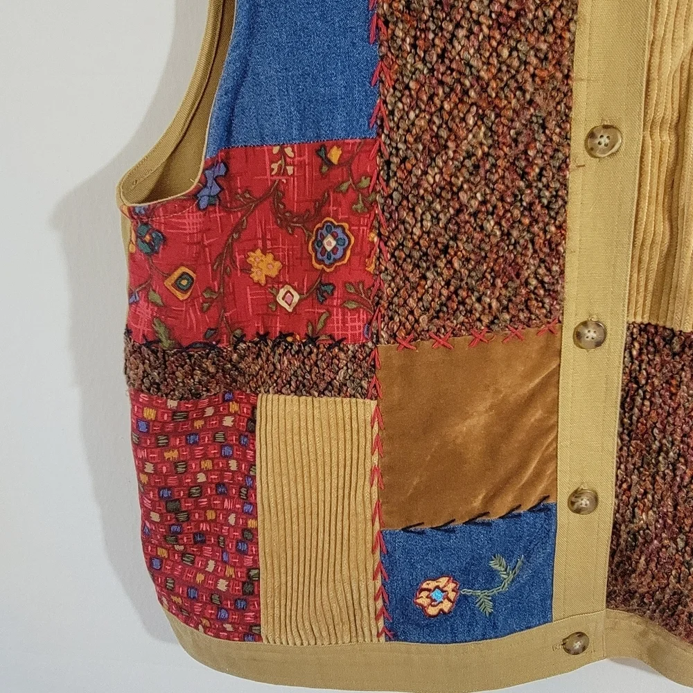 VTG 80's Stonebridge Patchwork Multicolored Vest Jacket XL Cott9n Artsy Boho - Picture 4 of 10